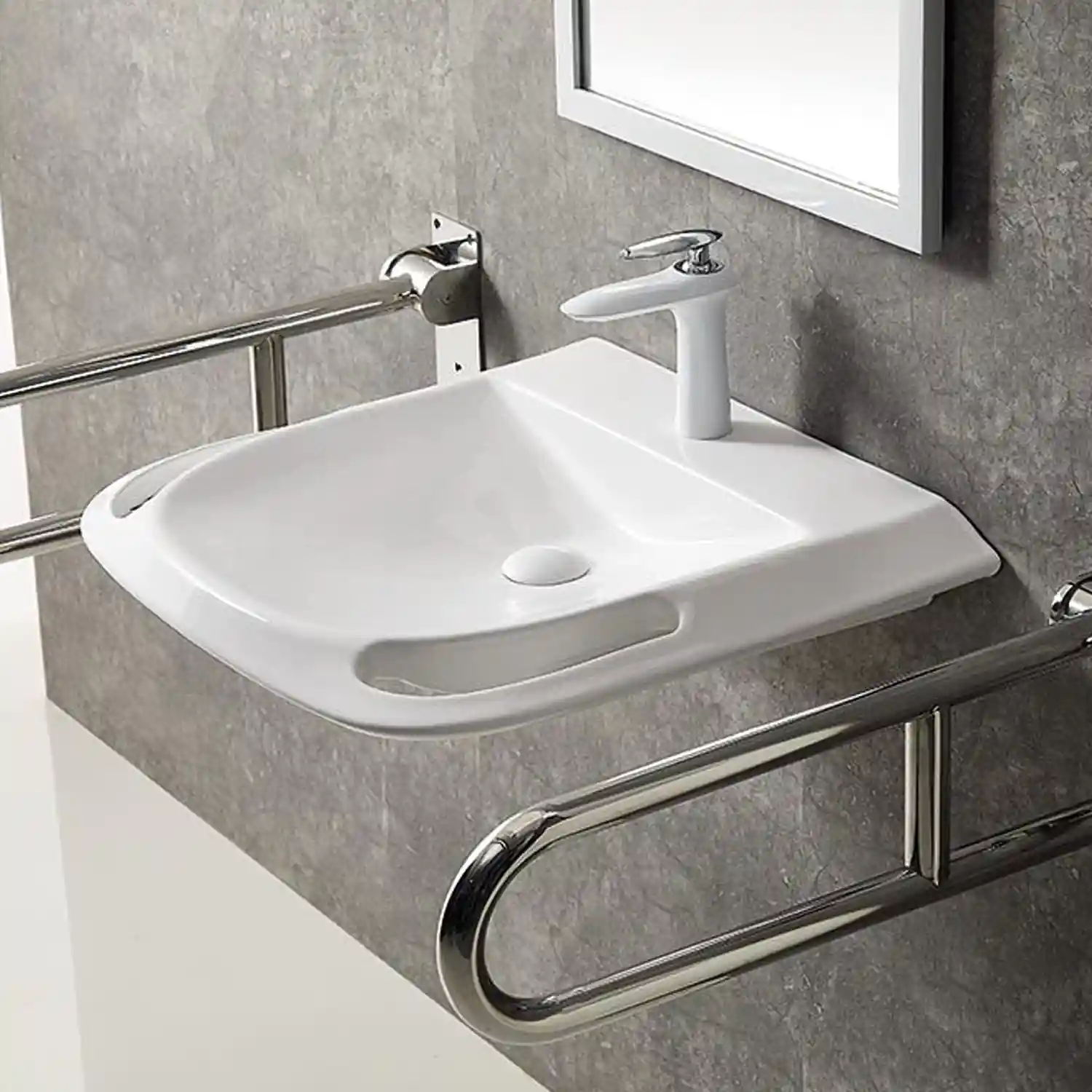 wall-hung ceramic handicapped wash basin for ADA bathroom, ada compliant wall-mount sink, wheelchair accessible basin